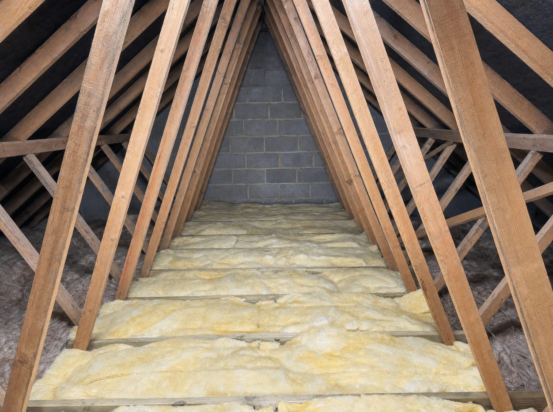 Close-up of yellow fibreglass insulation laid between exposed timber joists