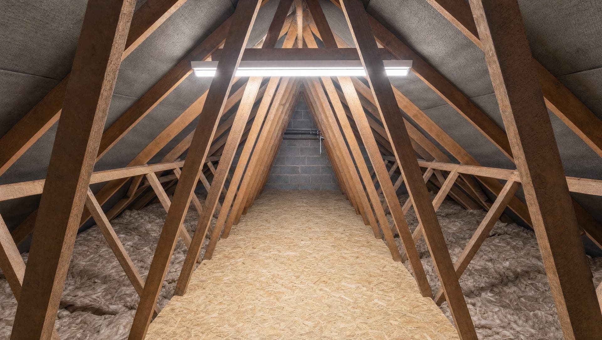 Loft after boarding with OSB laid down the centre walkway and the new strip light on, insulation kept either side