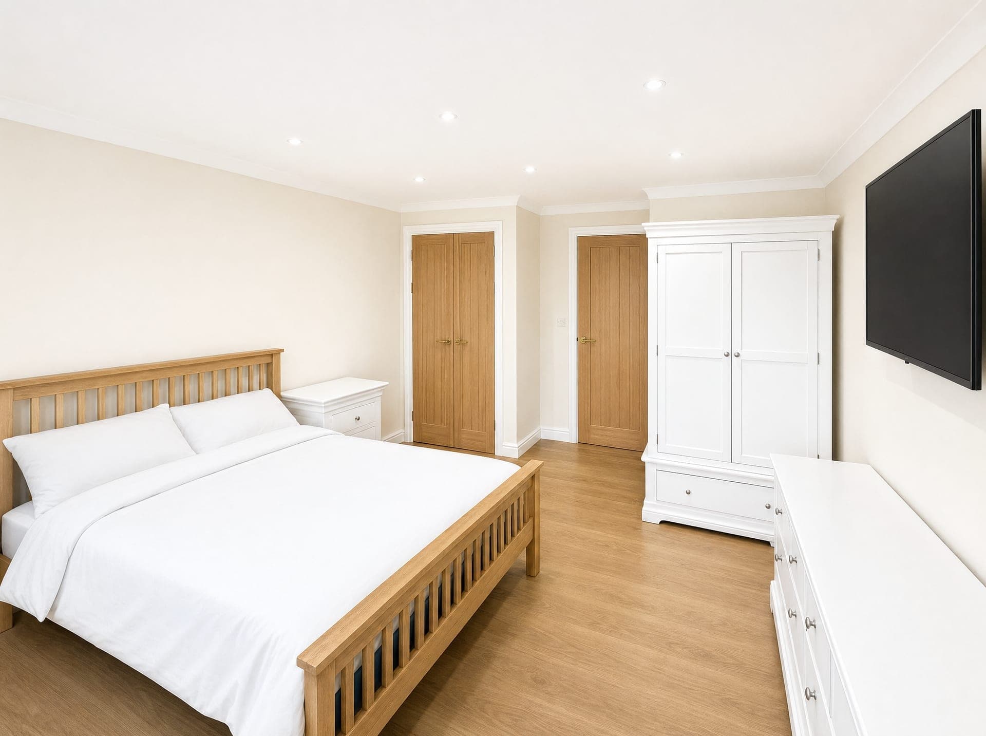 Furnished bedroom with oak bed frame, white wardrobe, chest of drawers and a wall-mounted television