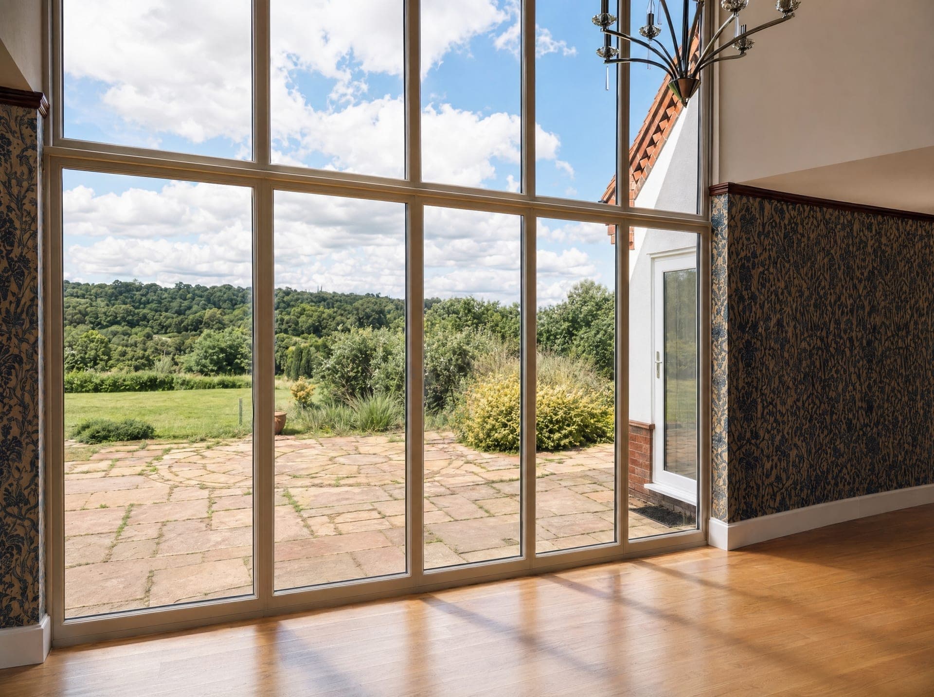 Reception room with full-height industrial glazing onto the rear garden, oak floorboards, period wallpaper and chandelier