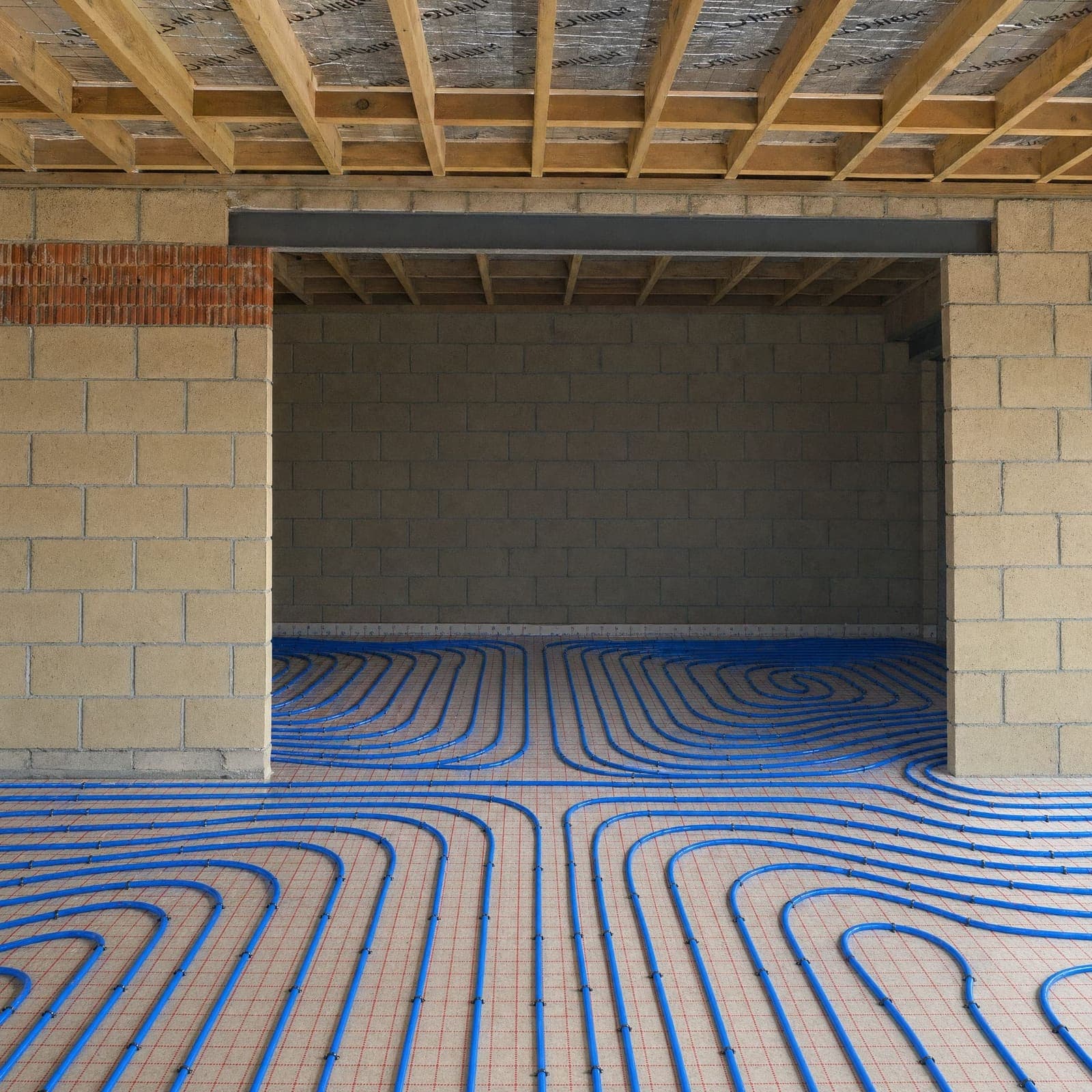 Blue underfloor heating pipework laid in concentric loop pattern over red clip-track grid during construction